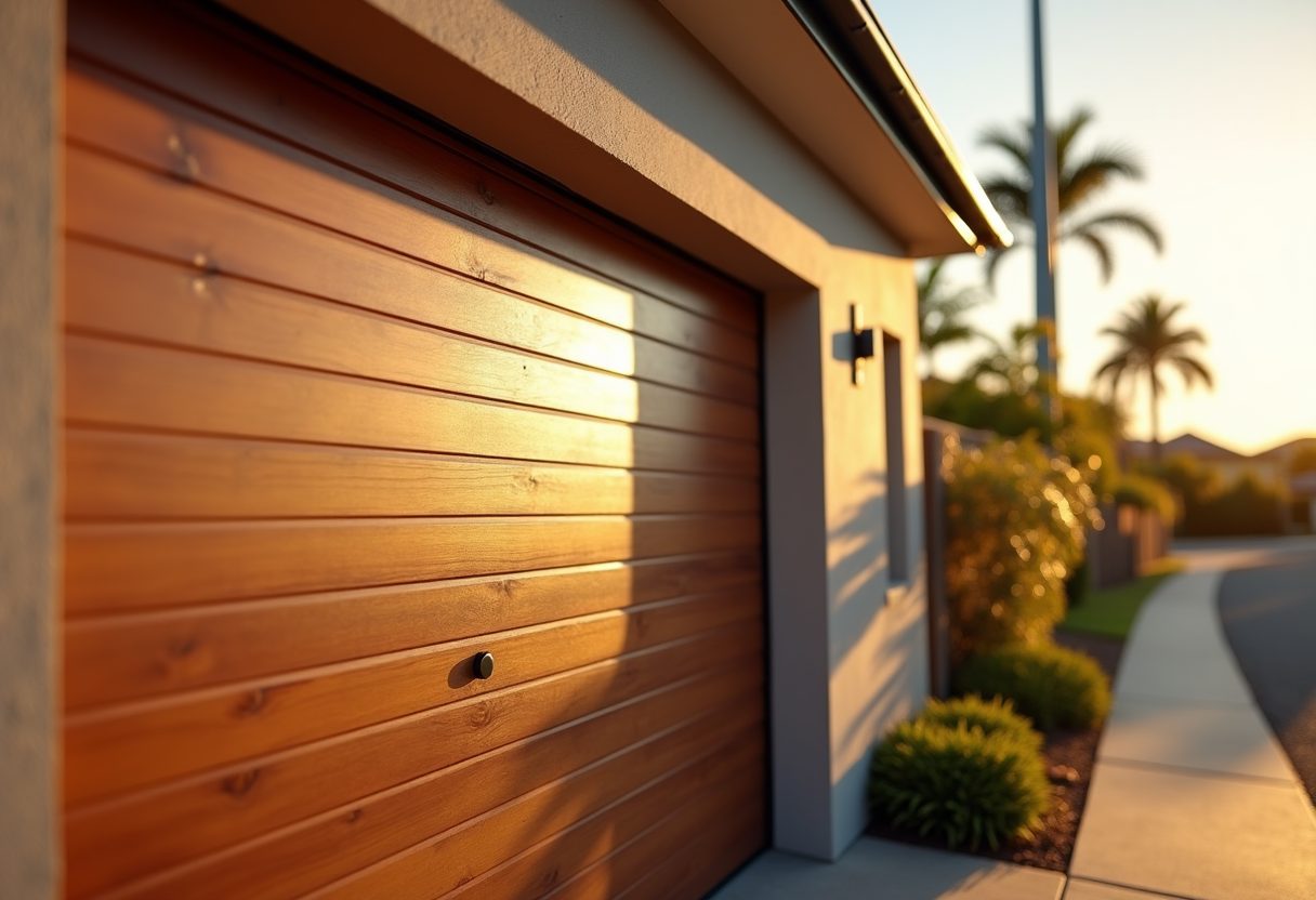 Timber-look garage door panel and handle